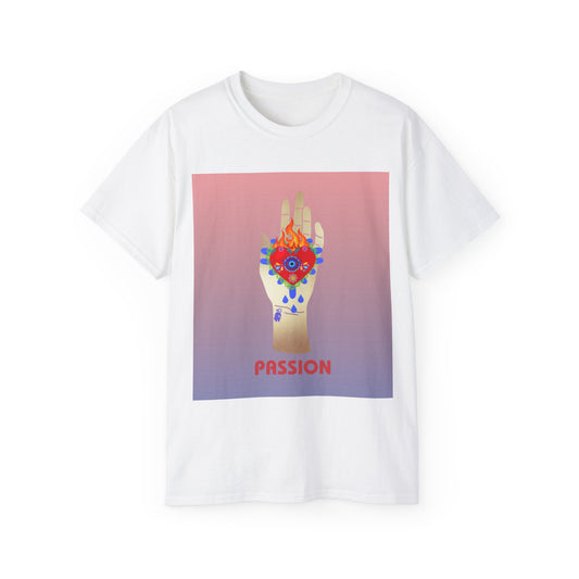 Camiseta de algodón ultra suave con ilustración de corazón ardiente de Passions EU