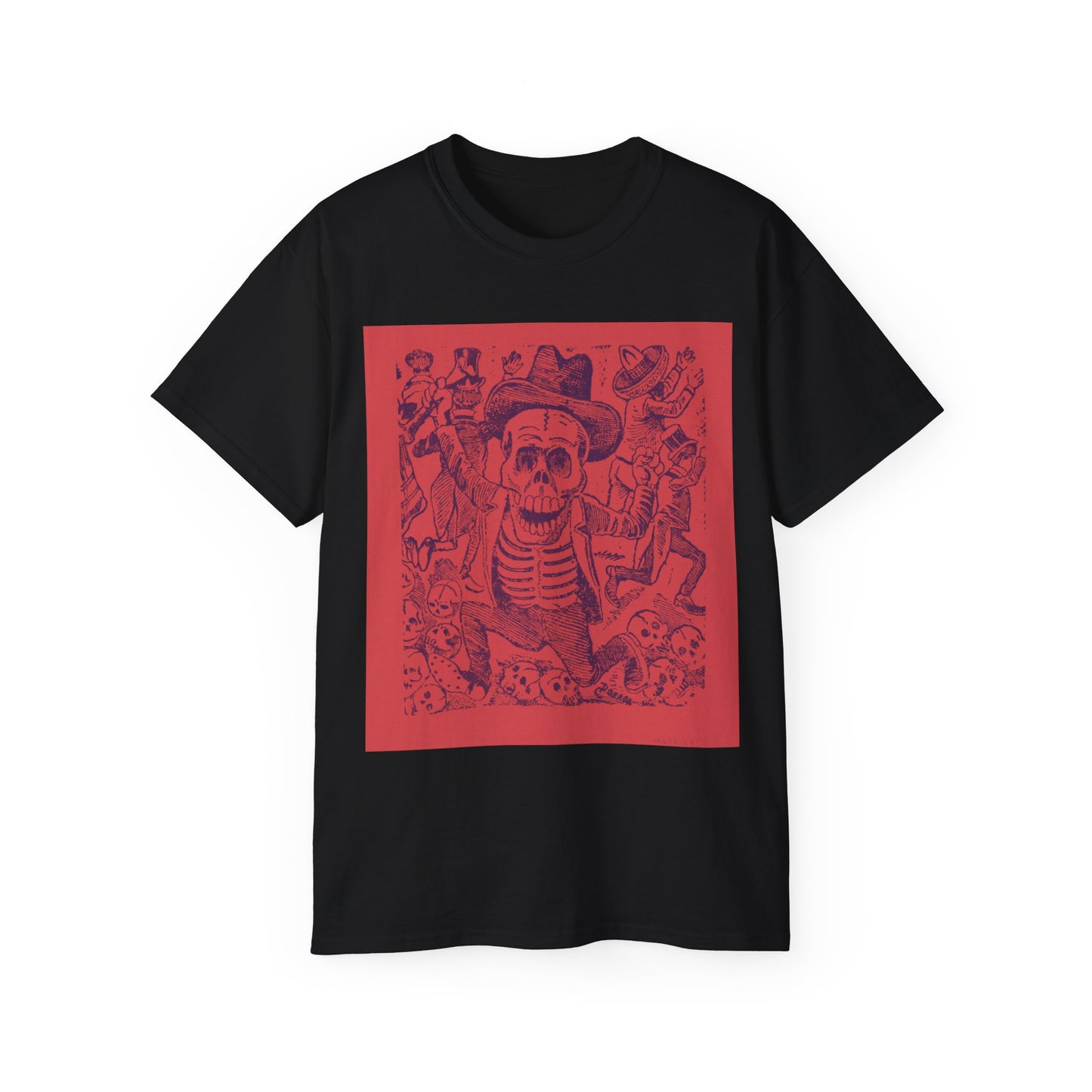 José Guadalupe Posada, Un esqueleto sosteniendo un hueso y saltando sobre una pila de cráneos mientras la gente huye 1907 Ultra Cotton Tee EU