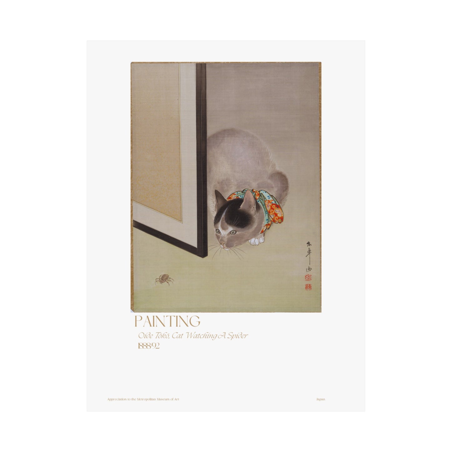 Oide Tōkō, Cat Watching A Spider 1888/92 Vertical Poster