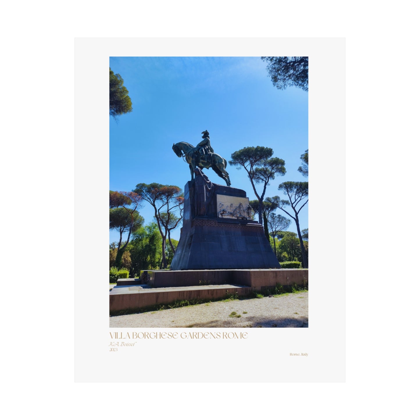 Pósteres verticales con fotografías mate de los jardines de Villa Borghese en Roma