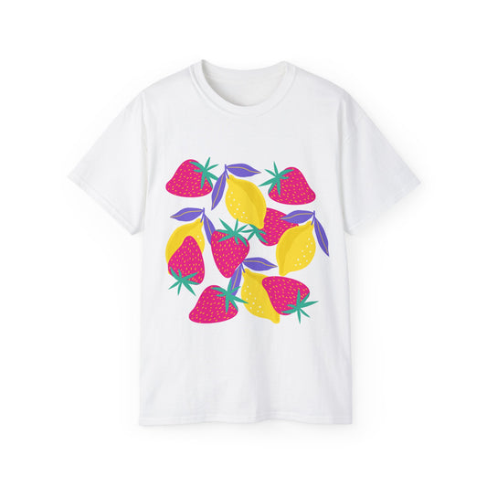 Camiseta unisex de algodón ultrafino con limones y fresas