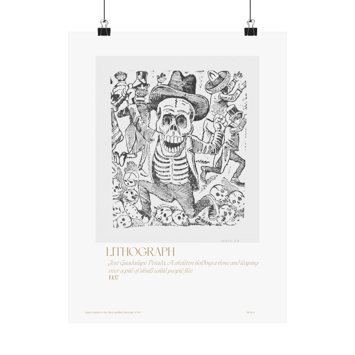 José Guadalupe Posada, A skeleton holding a bone and leaping over a pile of skulls while people flee 1907 Vertical Poster