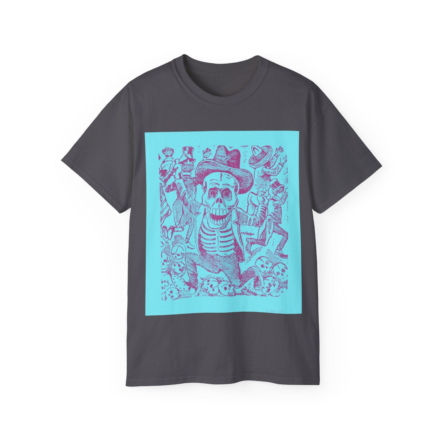 José Guadalupe Posada, A skeleton holding a bone and leaping over a pile of skulls while people flee 1907 Blue Ultra Cotton Tee