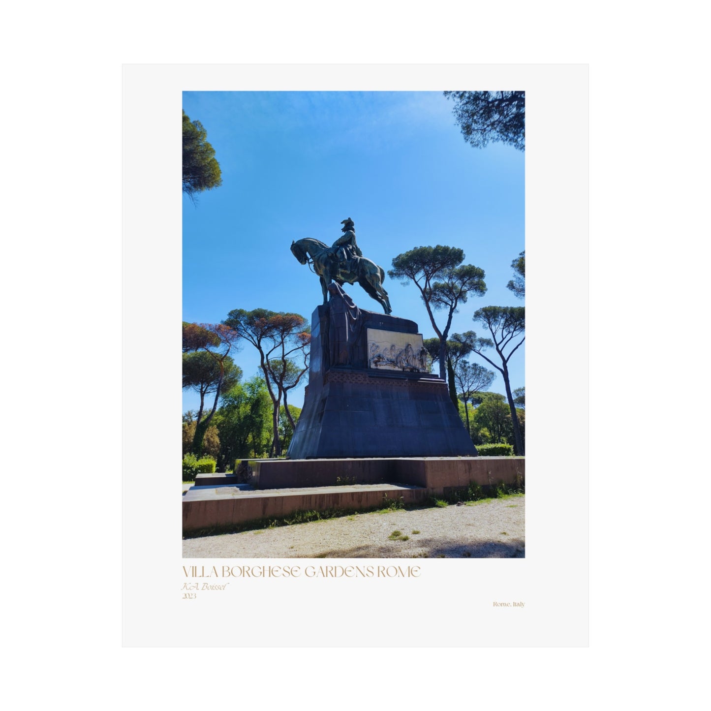 Pósteres verticales con fotografías mate de los jardines de Villa Borghese en Roma