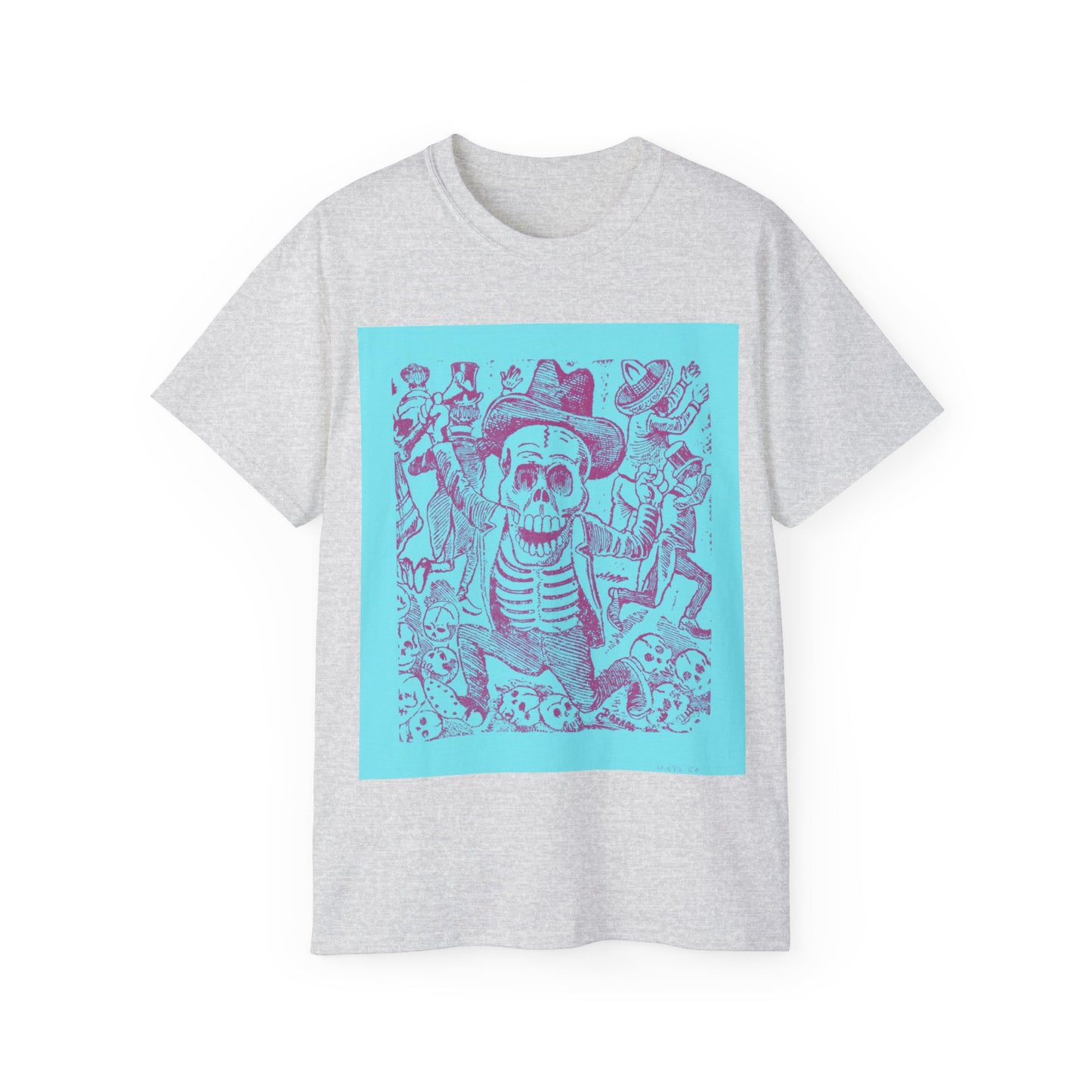 José Guadalupe Posada, A skeleton holding a bone and leaping over a pile of skulls while people flee 1907 Blue Ultra Cotton Tee