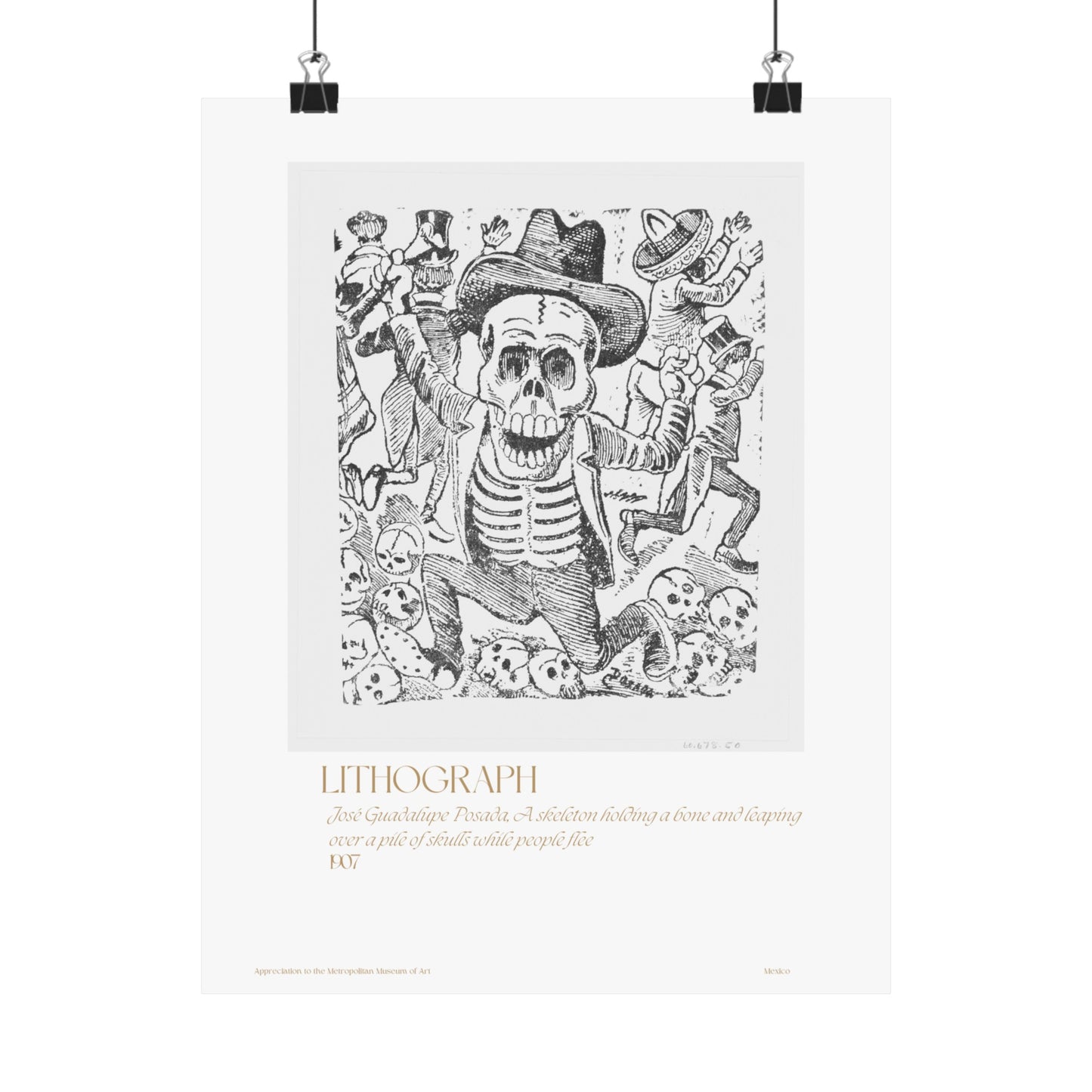 José Guadalupe Posada, A skeleton holding a bone and leaping over a pile of skulls while people flee 1907 Vertical Poster