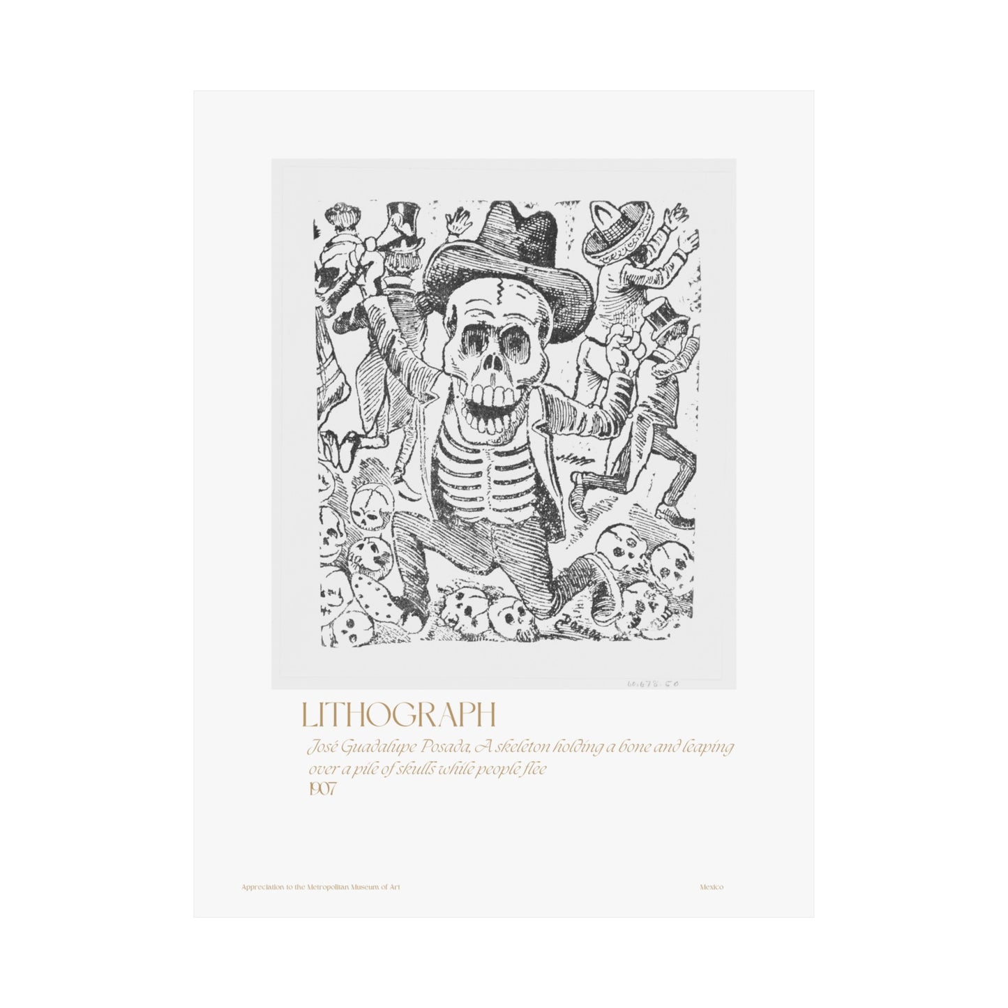 José Guadalupe Posada, A skeleton holding a bone and leaping over a pile of skulls while people flee 1907 Vertical Poster