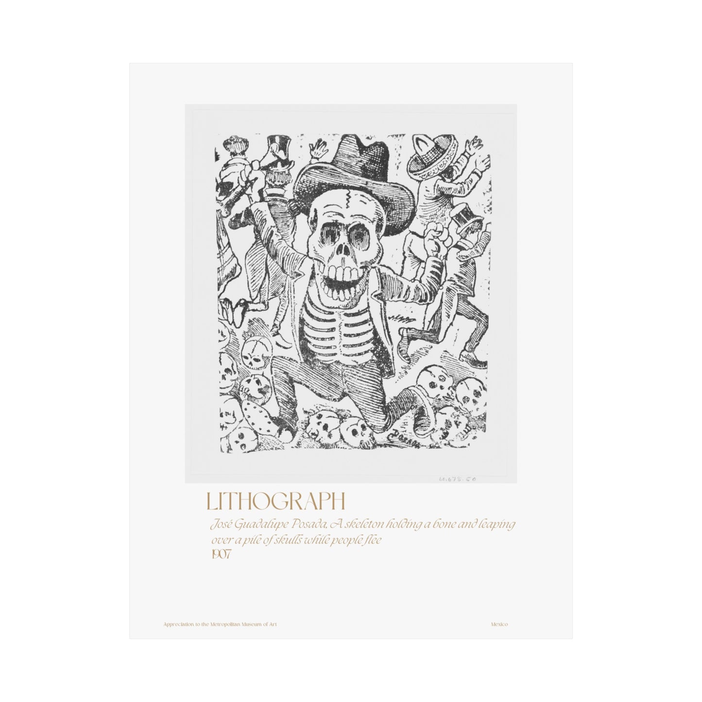 José Guadalupe Posada, A skeleton holding a bone and leaping over a pile of skulls while people flee 1907 Vertical Poster