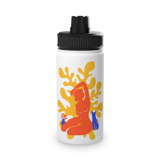 Woman, Cat, and Plant Steel Water Bottle, Standard Lid EU