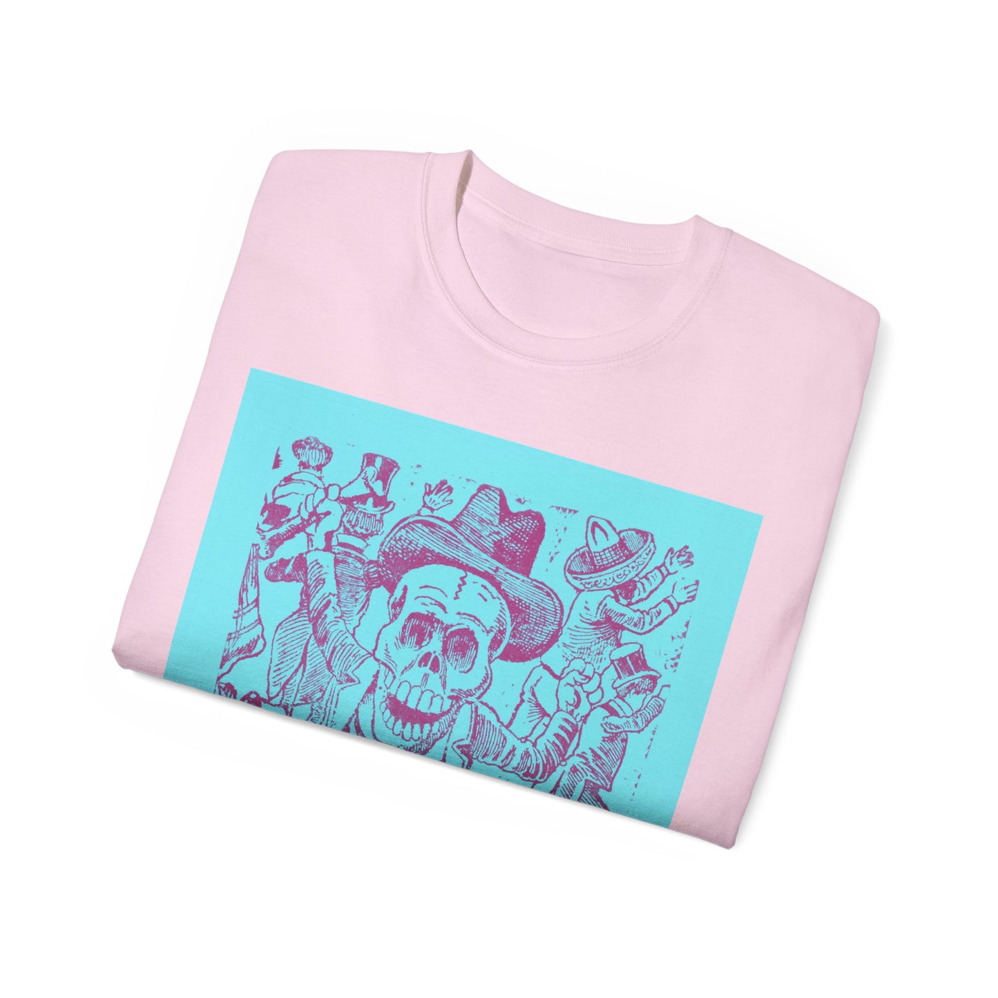 José Guadalupe Posada, A skeleton holding a bone and leaping over a pile of skulls while people flee 1907 Blue Ultra Cotton Tee