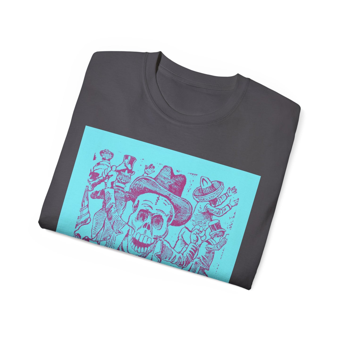 José Guadalupe Posada, A skeleton holding a bone and leaping over a pile of skulls while people flee 1907 Blue Ultra Cotton Tee