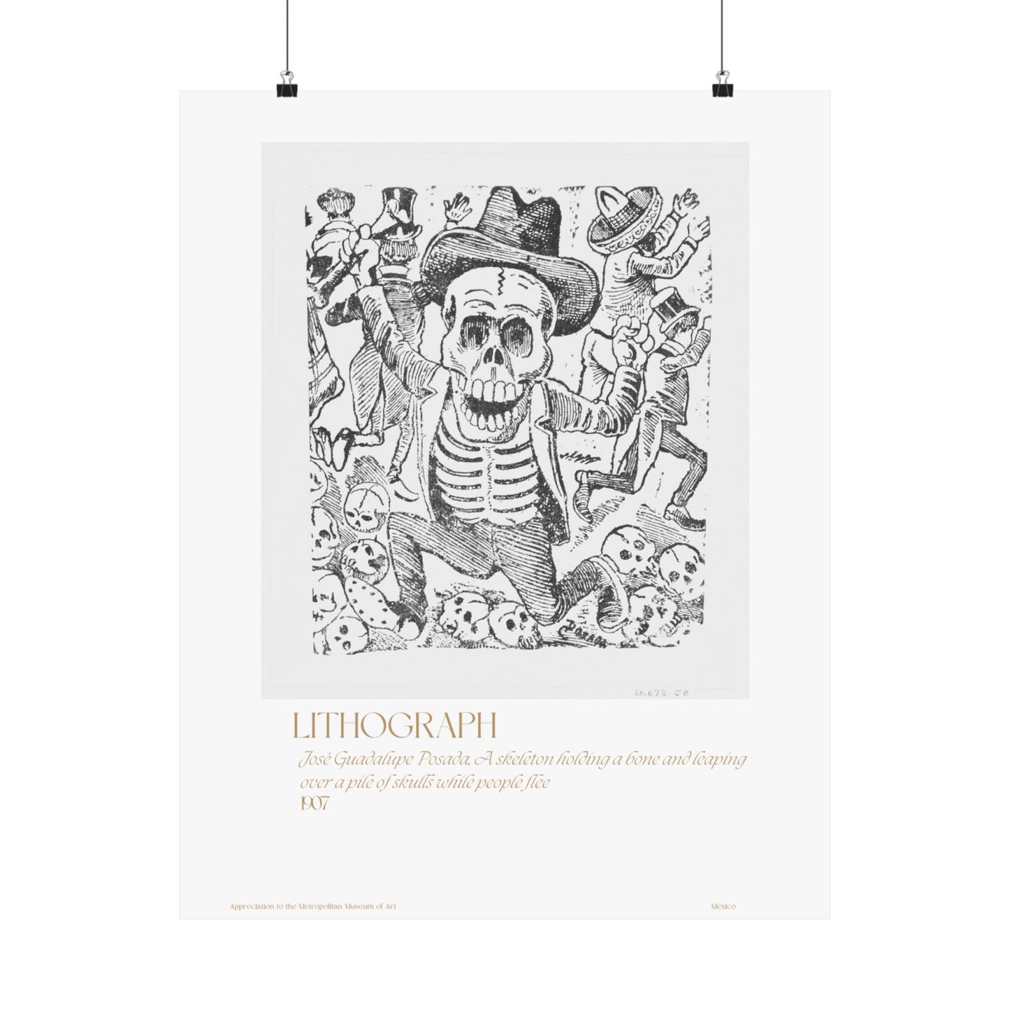 José Guadalupe Posada, A skeleton holding a bone and leaping over a pile of skulls while people flee 1907 Vertical Poster