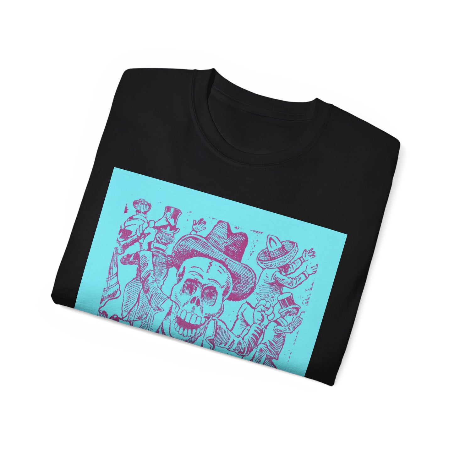 José Guadalupe Posada, A skeleton holding a bone and leaping over a pile of skulls while people flee 1907 Blue Ultra Cotton Tee