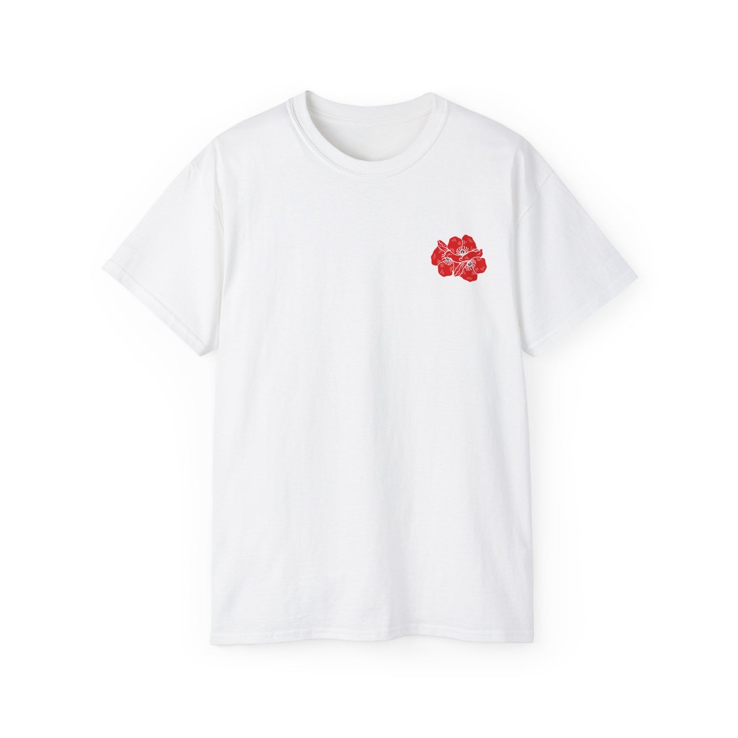 Camiseta de algodón ultra suave con ilustración de amapolas sobre corazón de la UE