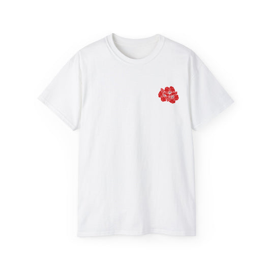 Camiseta de algodón ultra suave con ilustración de amapolas sobre corazón de la UE