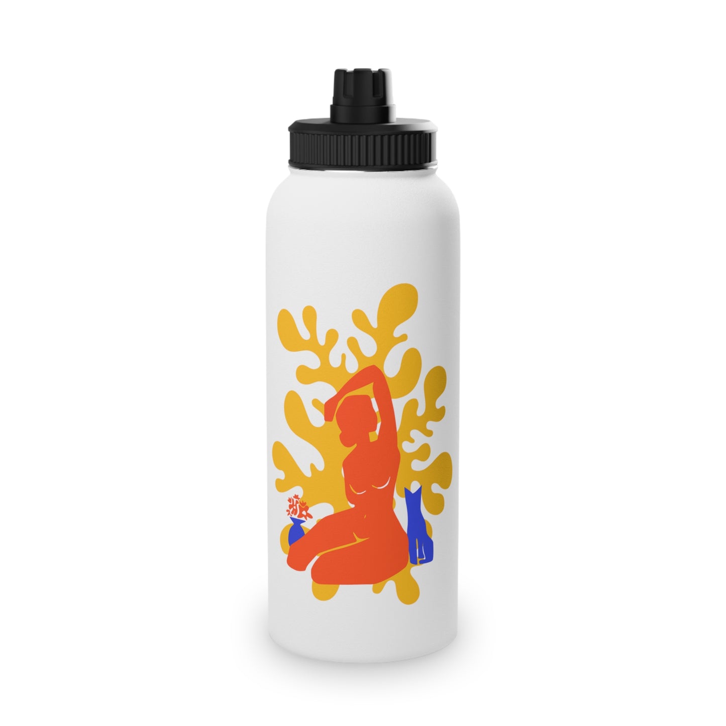 Woman, Cat, and Plant Steel Water Bottle, Standard Lid EU