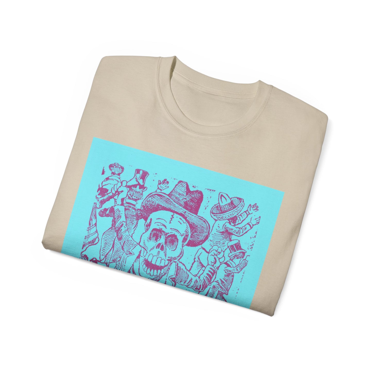 José Guadalupe Posada, A skeleton holding a bone and leaping over a pile of skulls while people flee 1907 Blue Ultra Cotton Tee