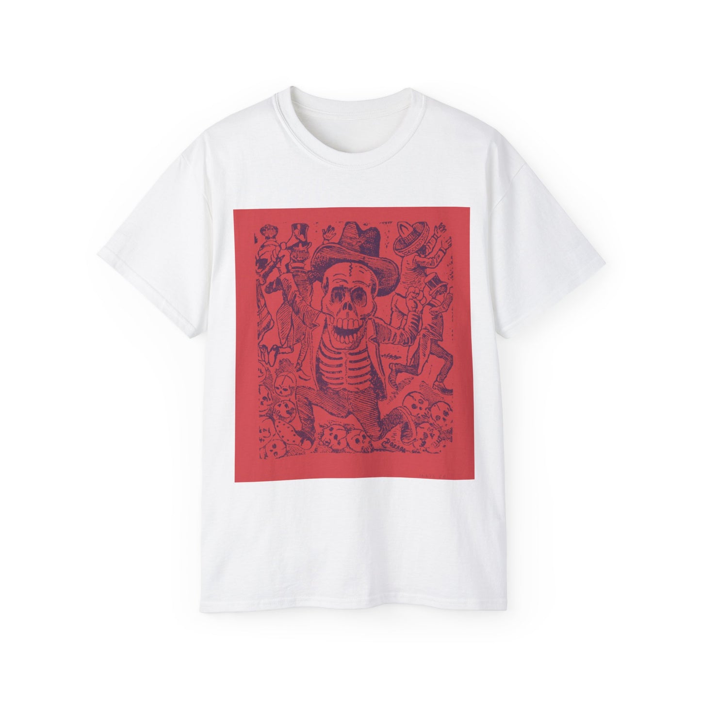 José Guadalupe Posada, Un esqueleto sosteniendo un hueso y saltando sobre una pila de cráneos mientras la gente huye 1907 Ultra Cotton Tee EU