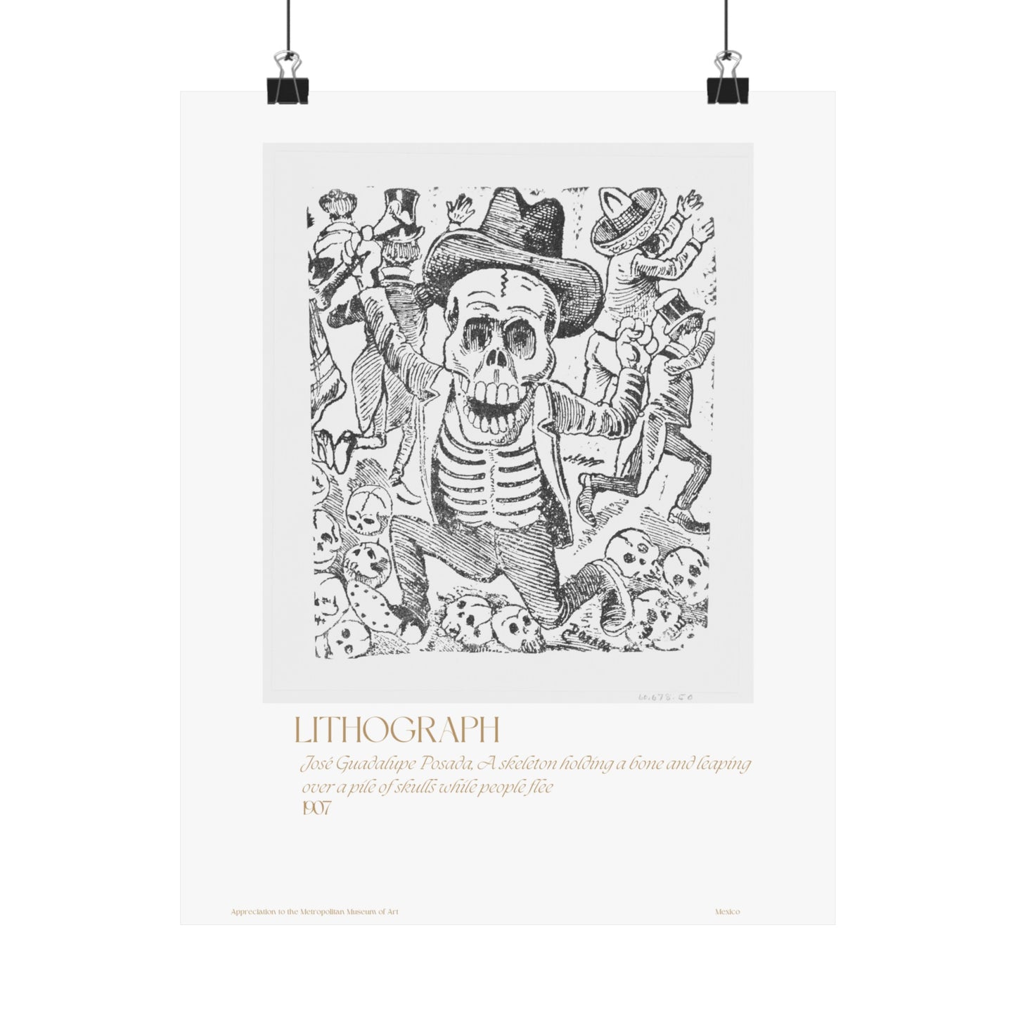 José Guadalupe Posada, A skeleton holding a bone and leaping over a pile of skulls while people flee 1907 Vertical Poster