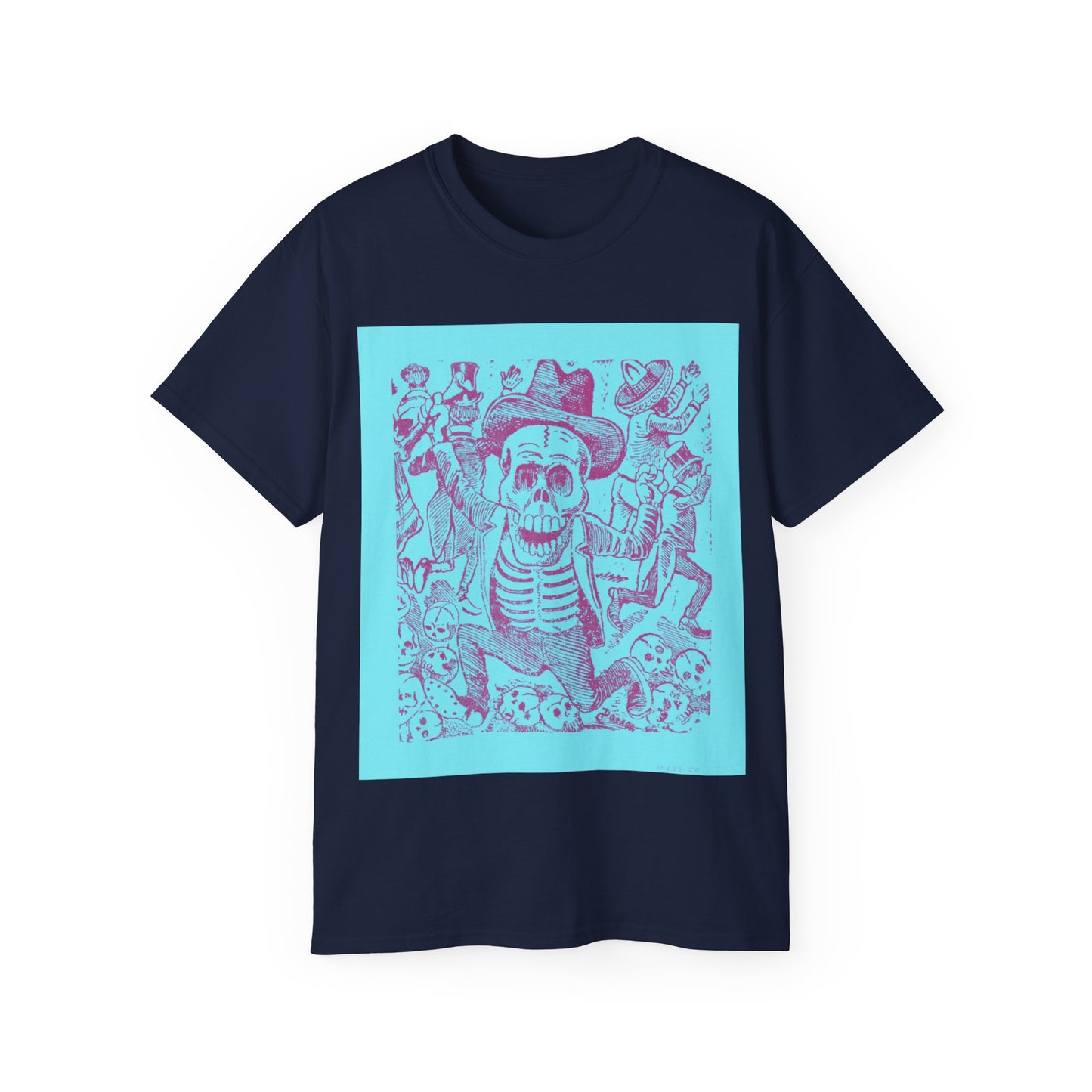 José Guadalupe Posada, A skeleton holding a bone and leaping over a pile of skulls while people flee 1907 Blue Ultra Cotton Tee