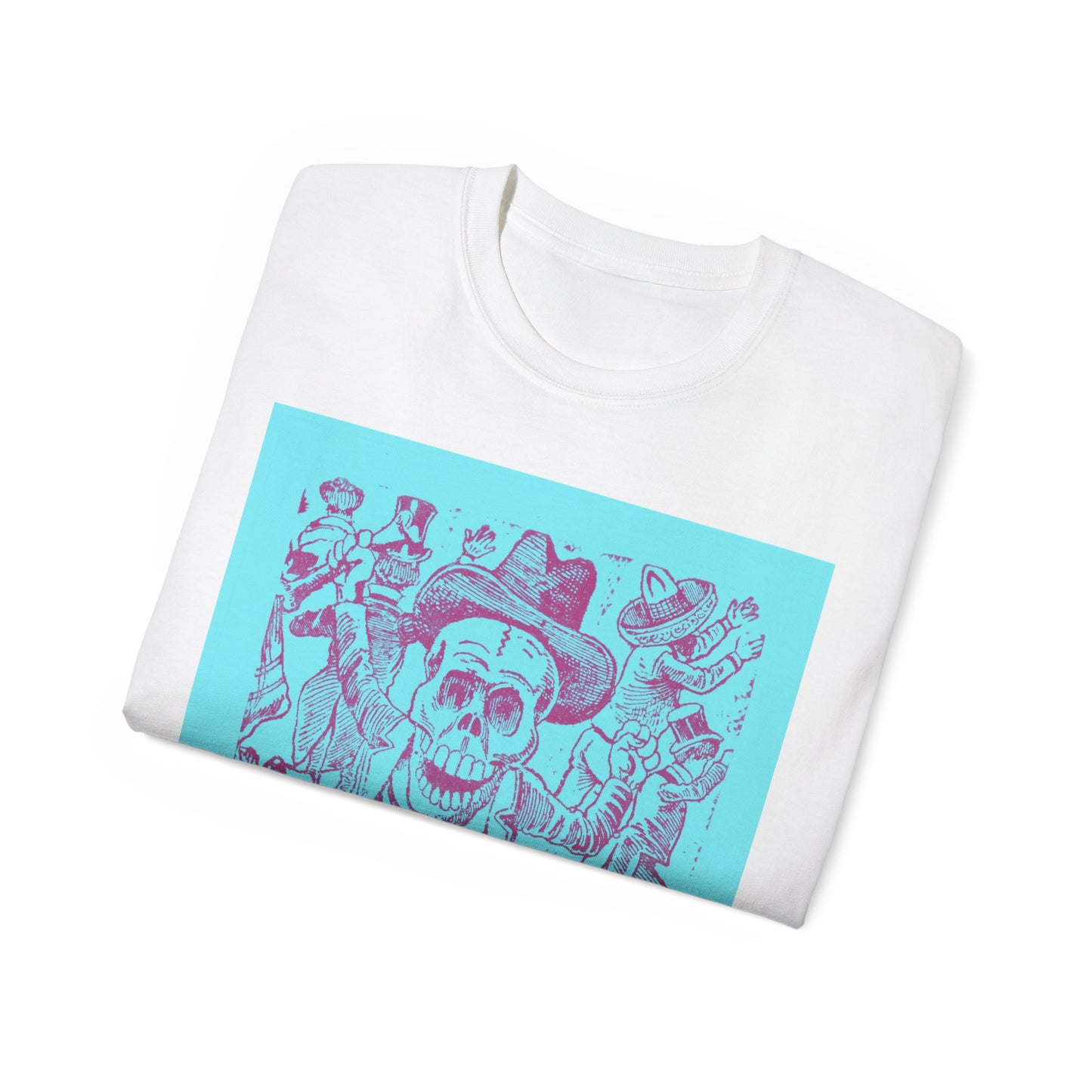 José Guadalupe Posada, A skeleton holding a bone and leaping over a pile of skulls while people flee 1907 Blue Ultra Cotton Tee