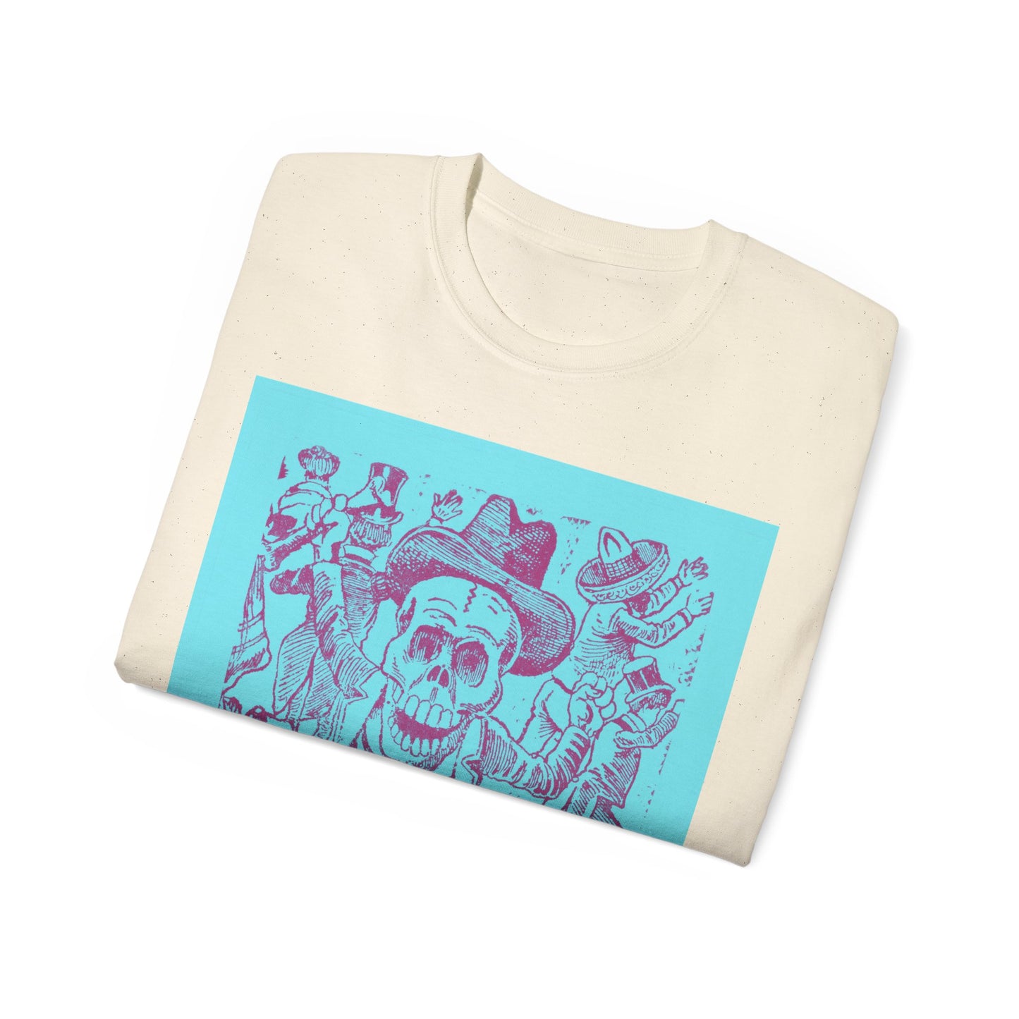 José Guadalupe Posada, A skeleton holding a bone and leaping over a pile of skulls while people flee 1907 Blue Ultra Cotton Tee